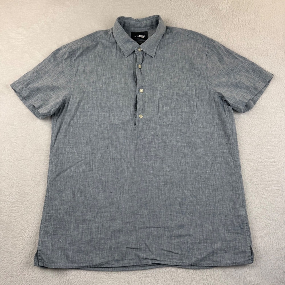 Bonobos Popover Shirt Mens Medium Blue Slim Fit Linen Cotton Short Sleeve Pocket